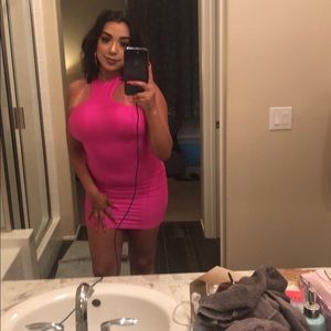 Neon pink mini dress.
